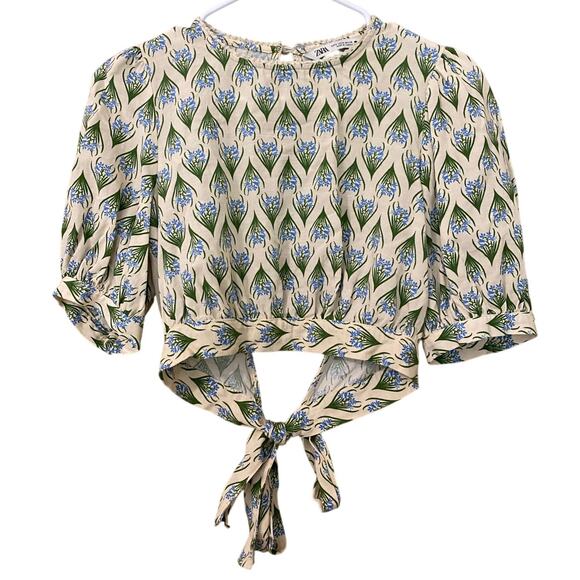 Zara Open Back Crop Top Small Floral Puff Sleeves Cottage Boho Preppy Vacation - Picture 10 of 15